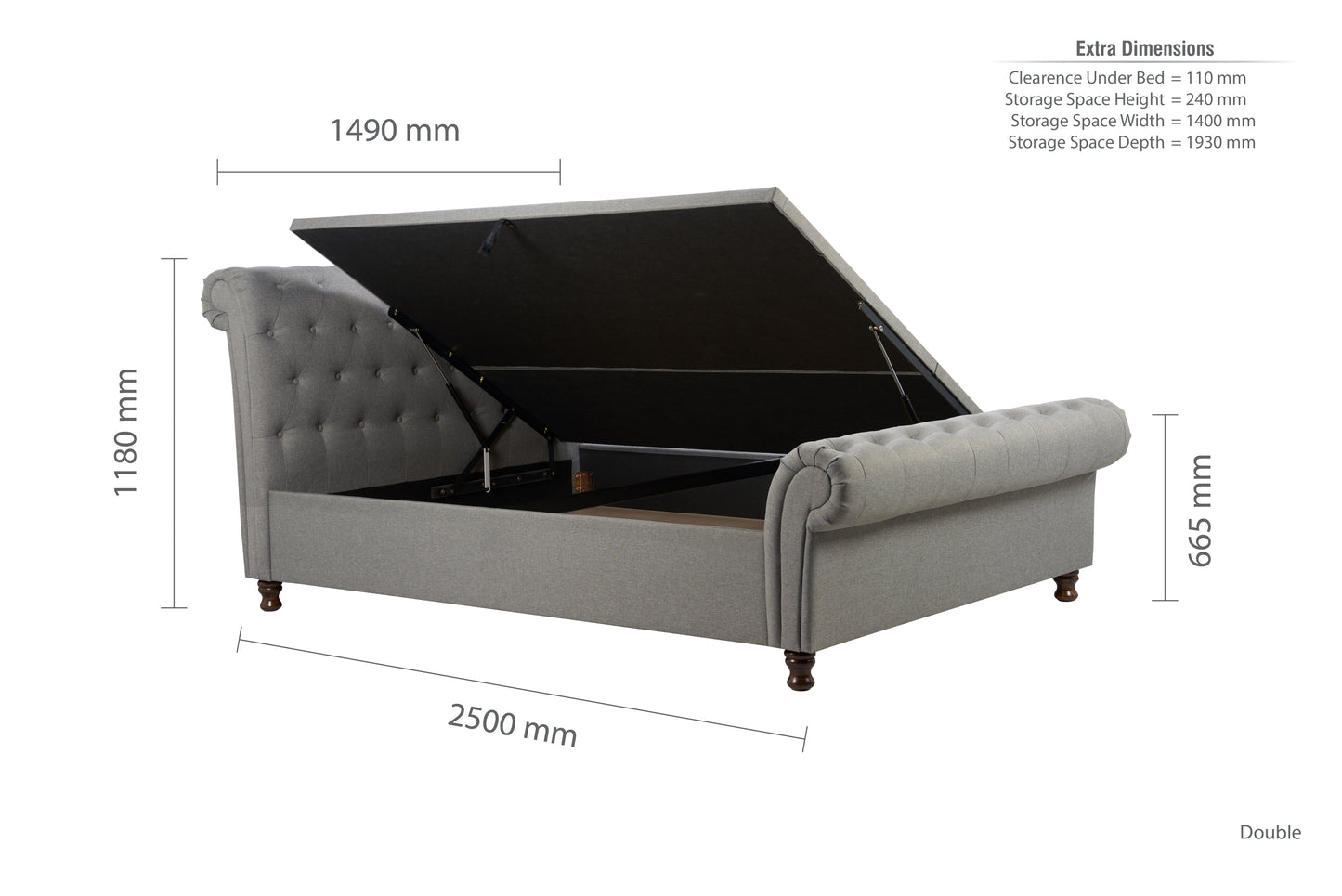 Castello Grey Side Ottoman Double Bed