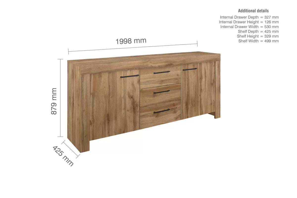 Compton Oak 3 Drawer 2 Door Sideboard