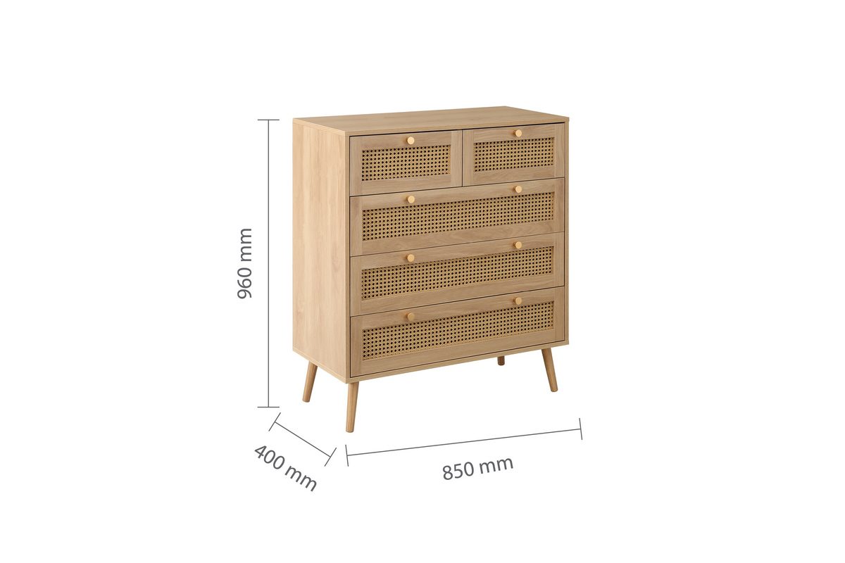 Croxley Oak 5 Drawer Rattan Chest