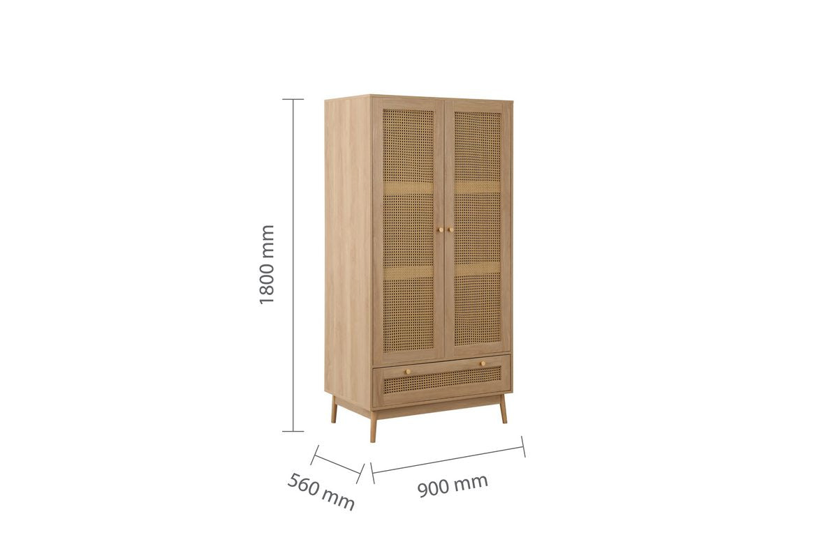 Croxley Oak 2 Door 1 Drawer Rattan Wardrobe