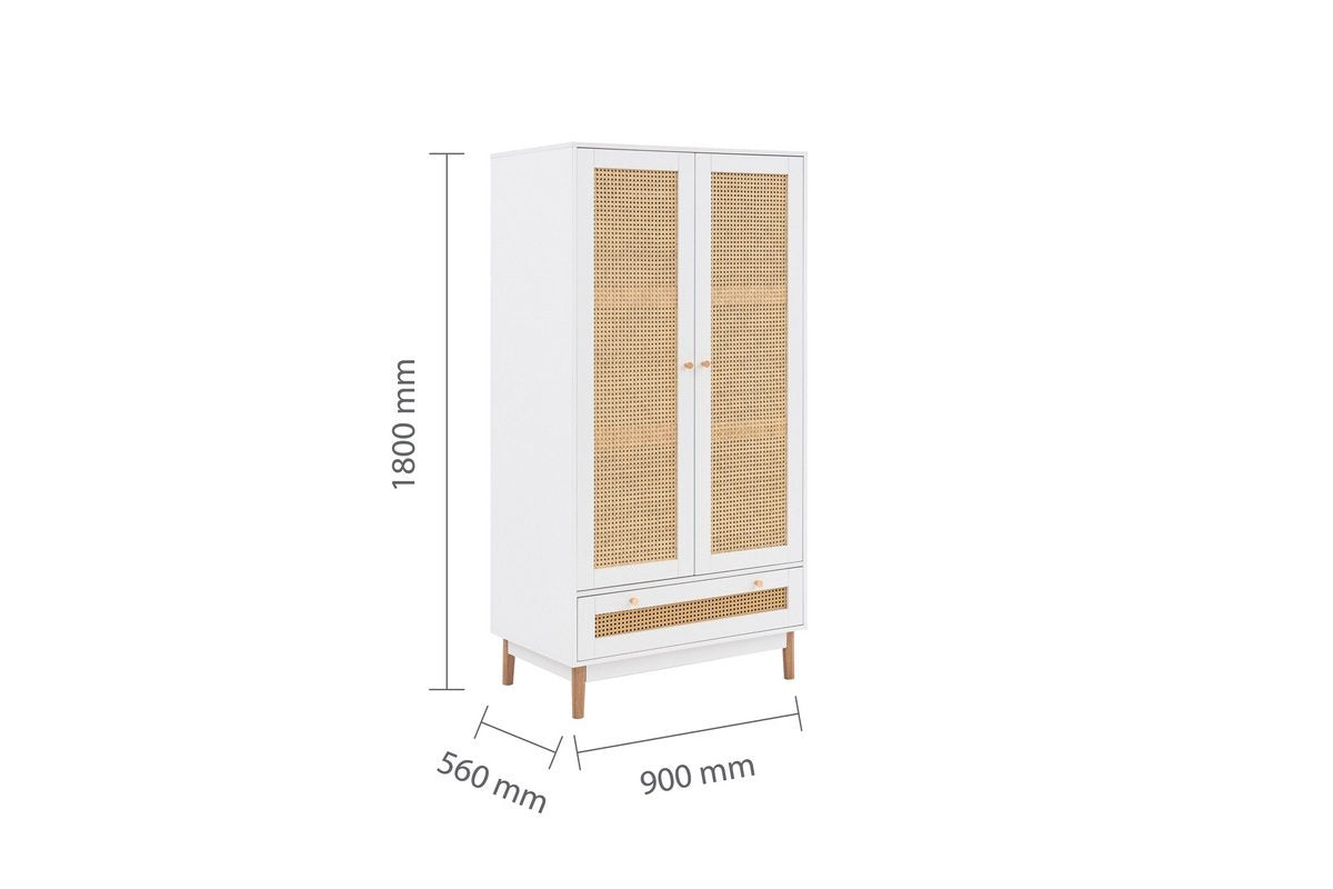 Croxley White 2 Door 1 Drawer Rattan Wardrobe