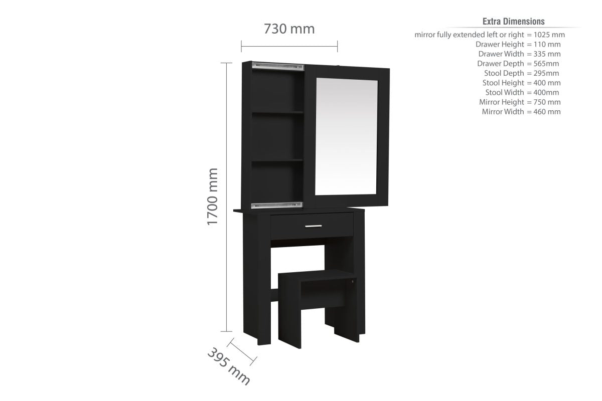 Evelyn Black 1 Drawer Sliding Mirror Dressing Table