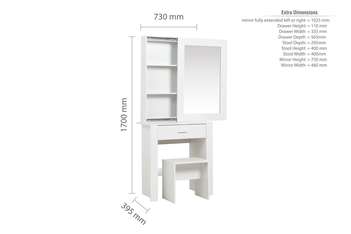 Evelyn White 1 Drawer Sliding Mirror Dressing Table