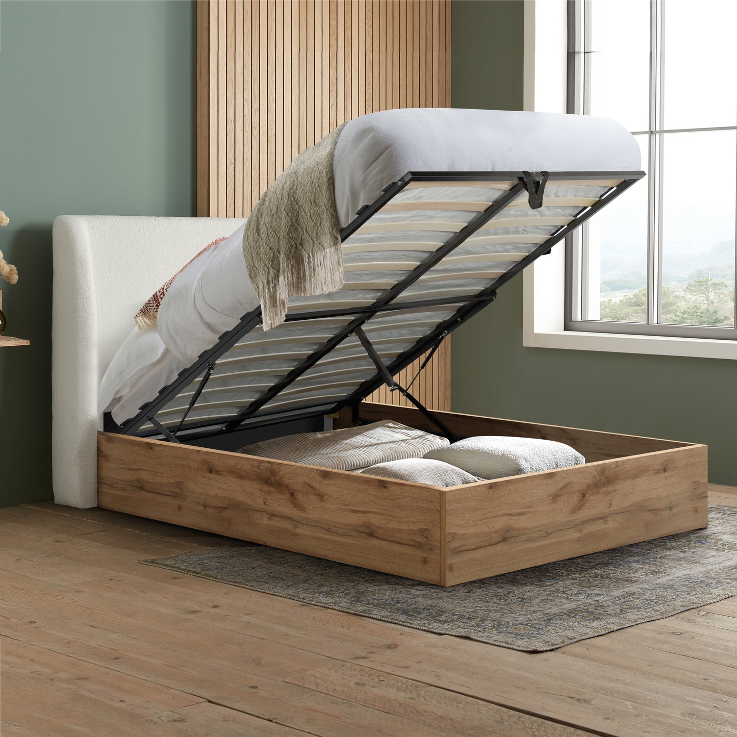 Halfden White Boucle Ottoman Double Bed