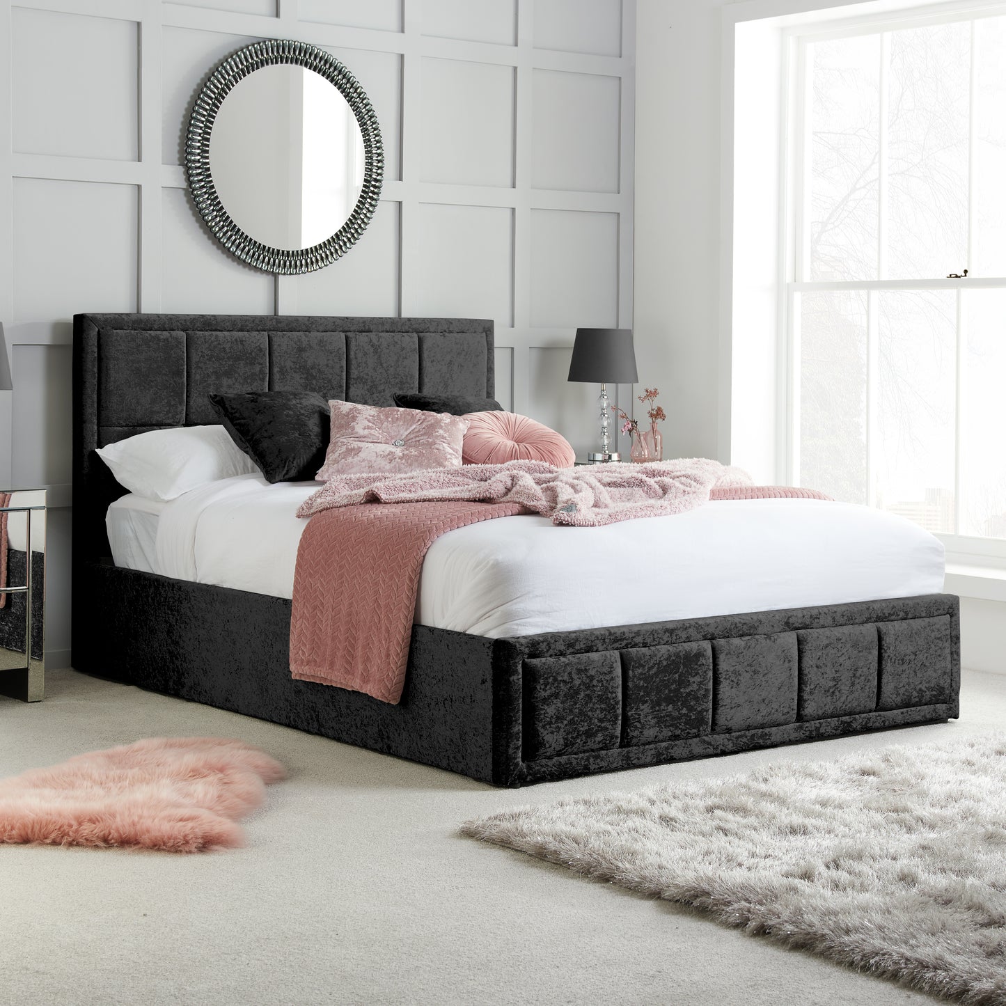 Hannover Black Crushed Velvet Double Ottoman Bed