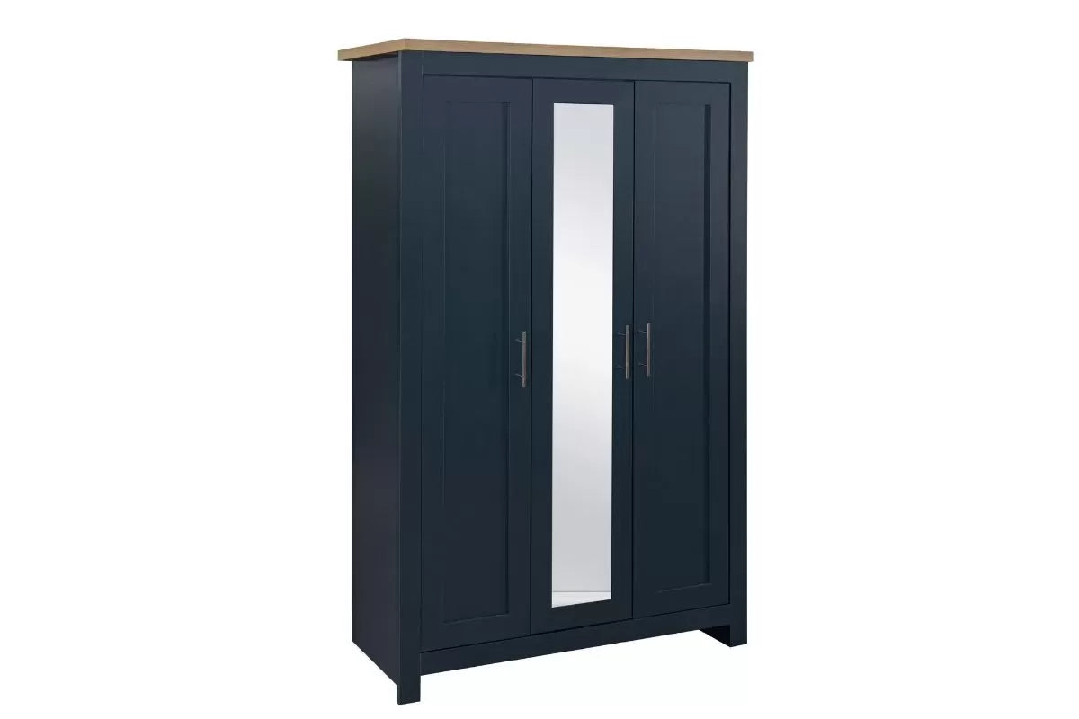 Highgate Navy Blue & Oak 3 Door Wardrobe With Mirror