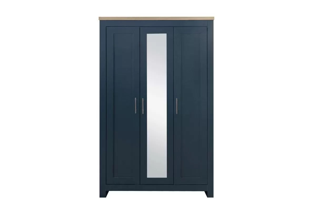 Highgate Navy Blue & Oak 3 Door Wardrobe With Mirror