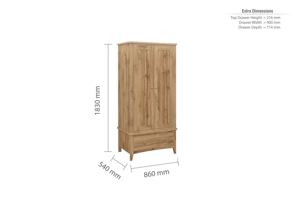 Hampstead Oak 2 Door 1 Drawer Wardrobe