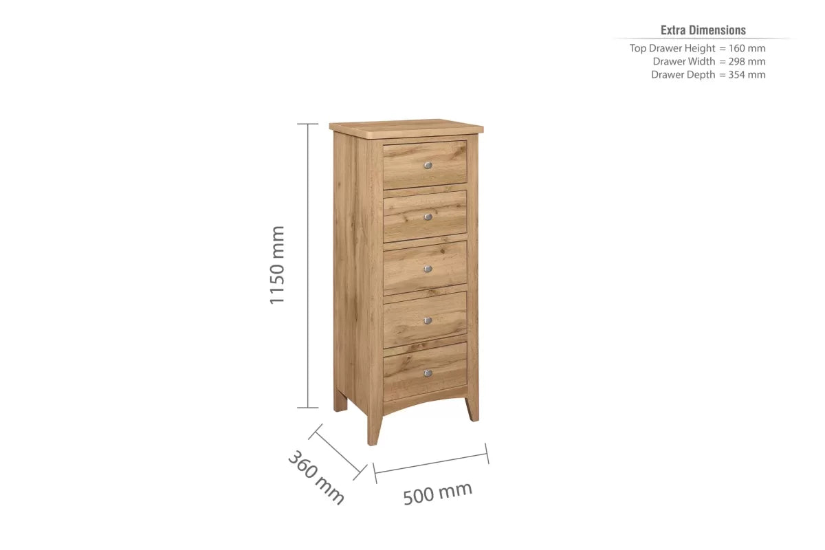 Hampstead Oak 5 Drawer Tall Chest