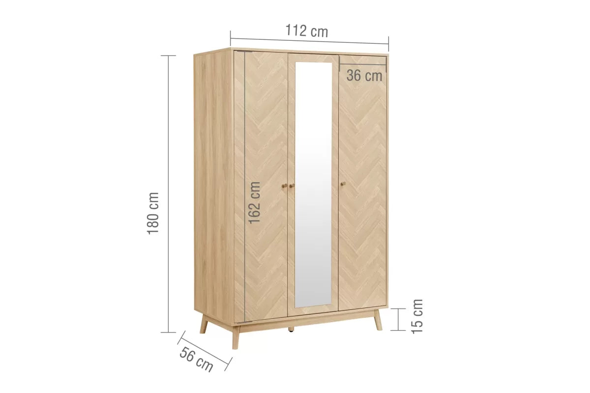 Herringford Oak 3 Door Wardrobe With Mirror