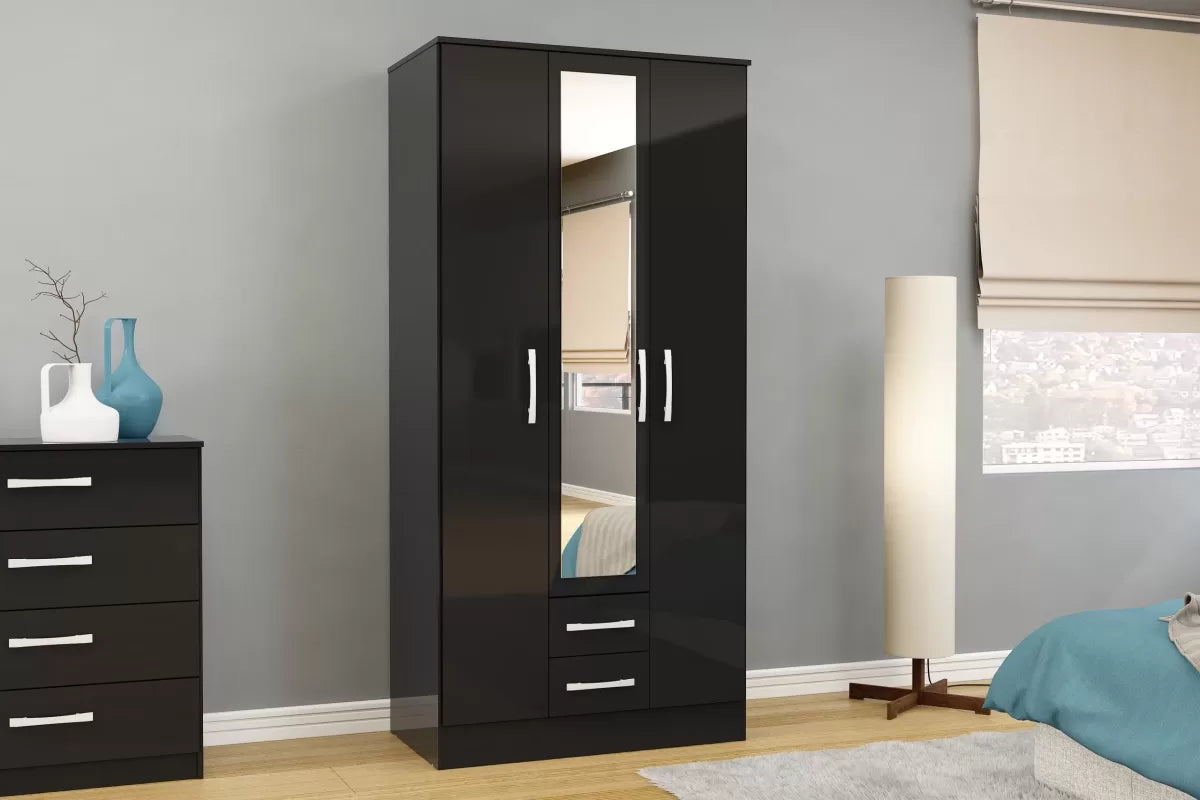 Lynx Black 3 Door 2 Drawer Robe with Mirror