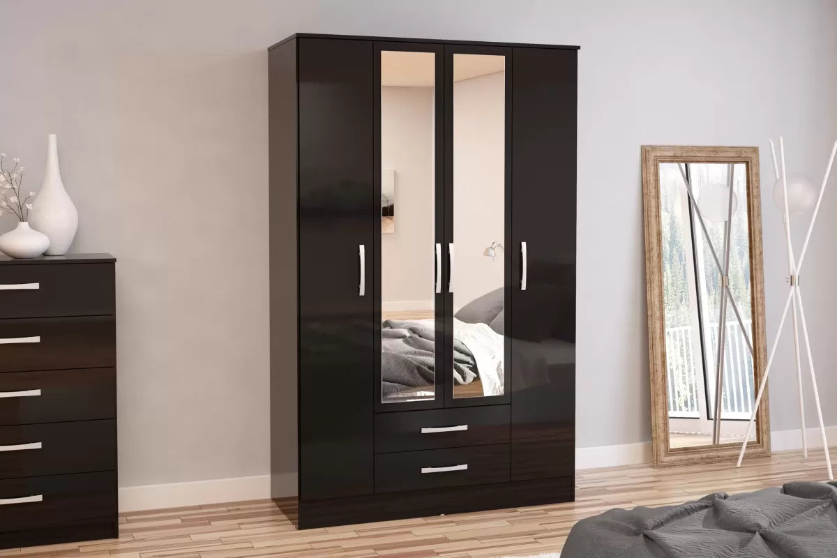 Lynx Black 4 Door 2 Drawer Robe with Mirror