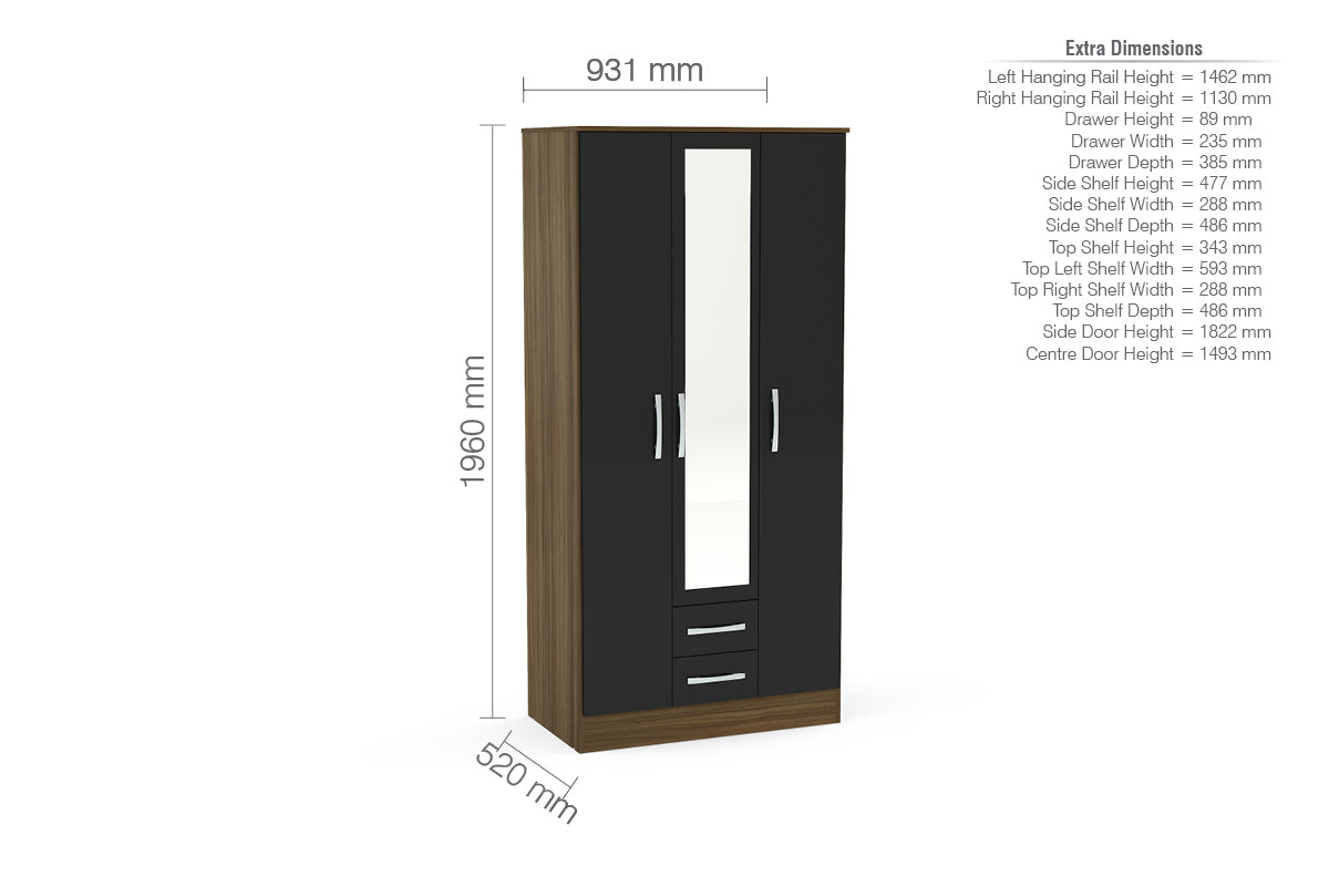 Lynx Walnut & Black 3 Door 2 Drawer Wardrobe With Mirror