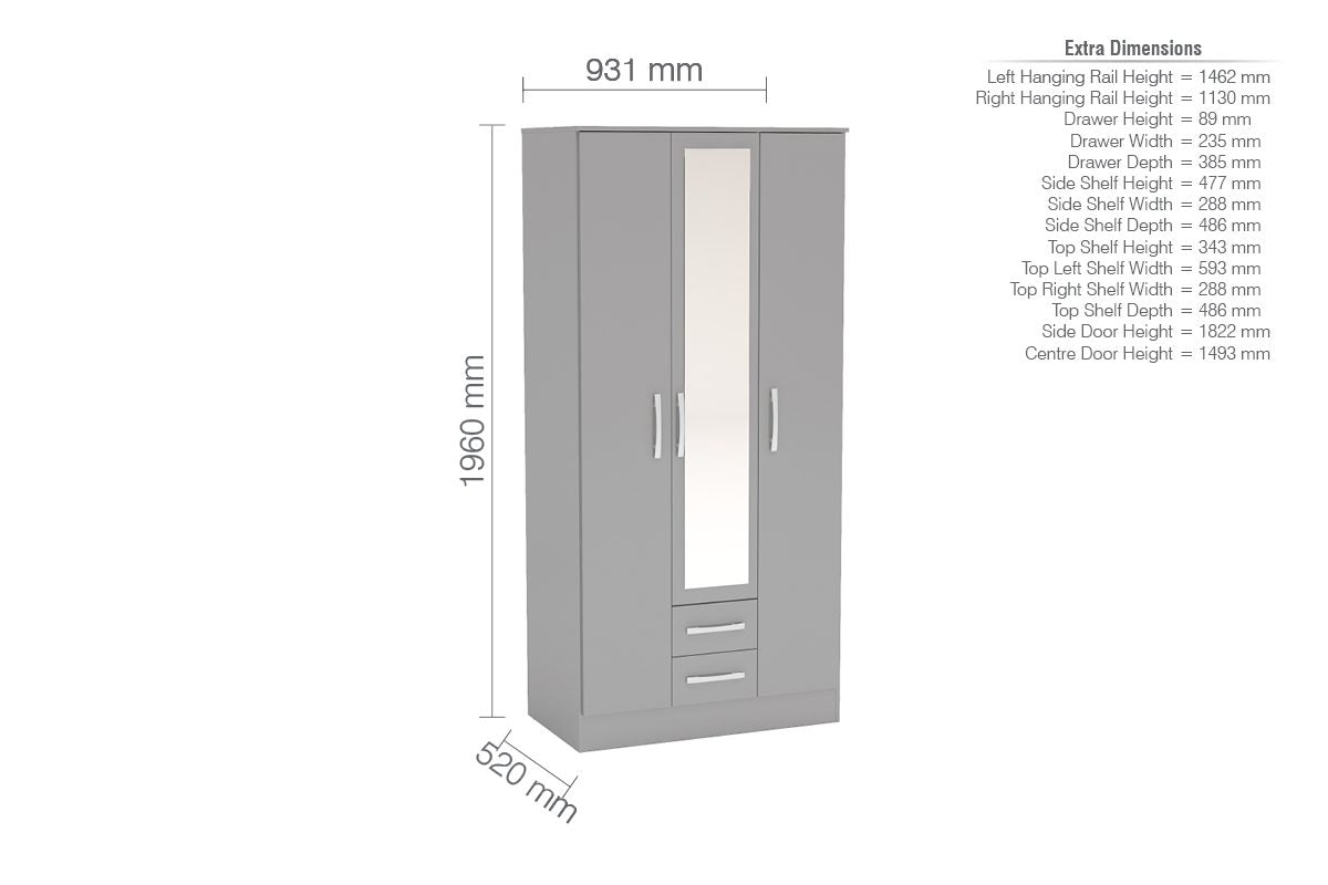 Lynx Grey 3 Door 2 Drawer Robe with Mirror