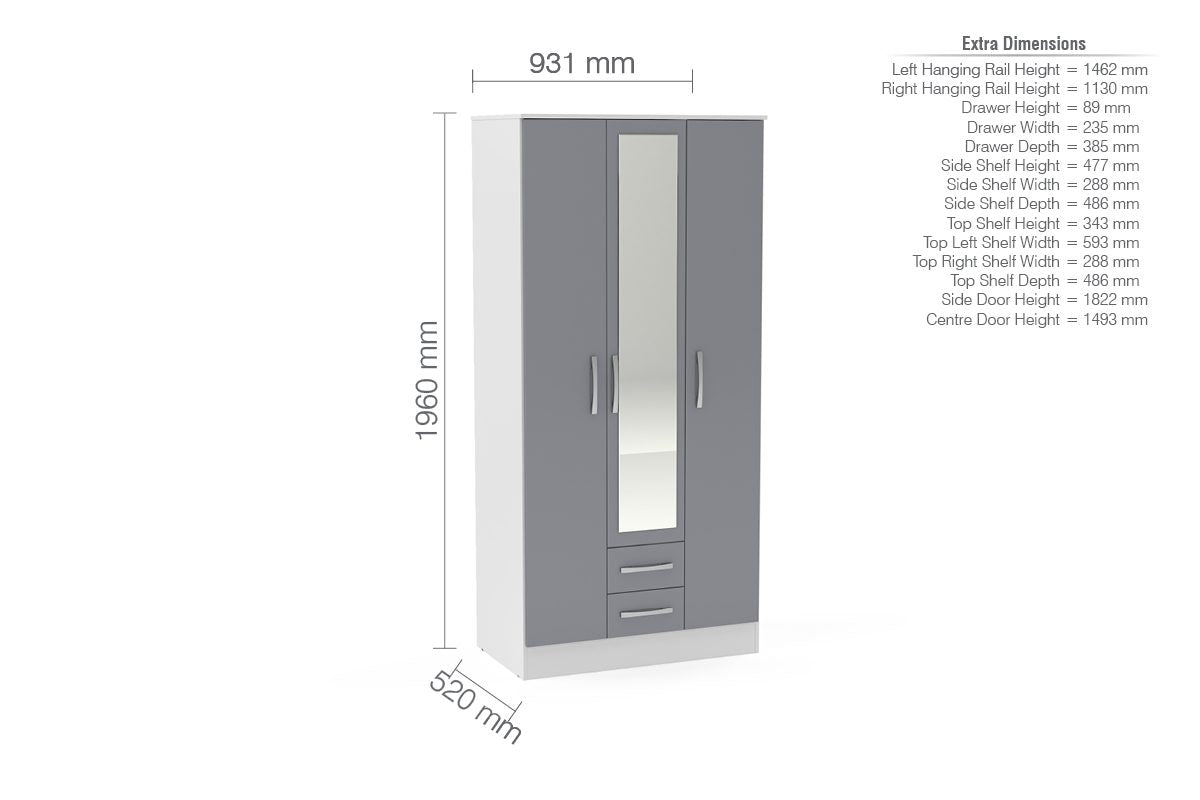 Lynx White & Grey 3 Door 2 Drawer Robe with Mirror