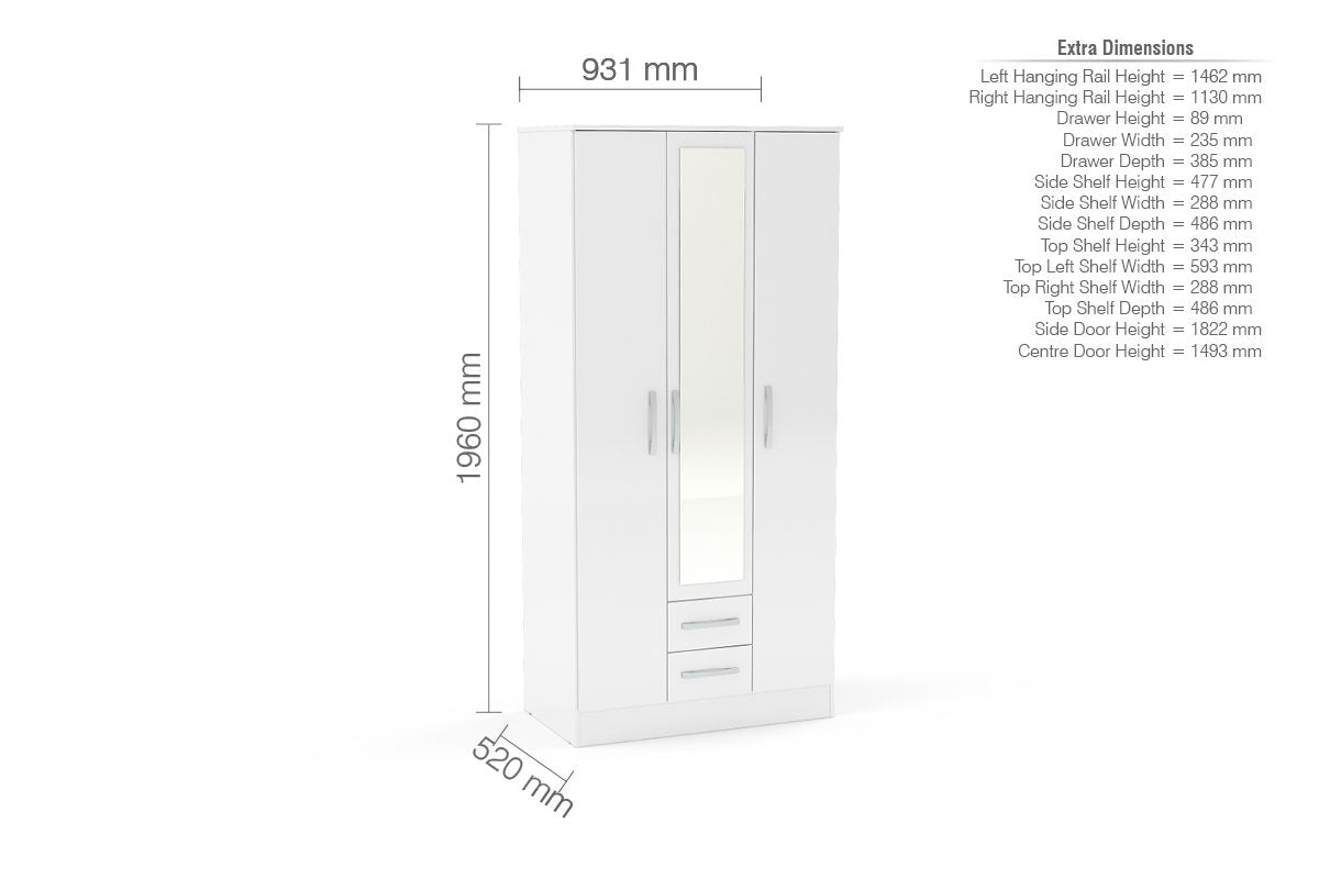 Lynx White 3 Door 2 Drawer Robe with Mirror