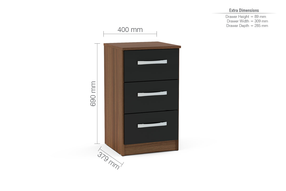 Lynx Walnut & Black 3 Drawer Bedside