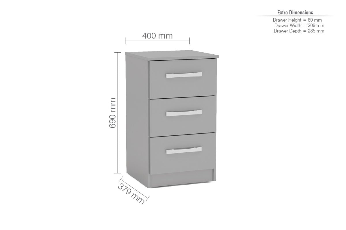 Lynx Grey 3 Drawer Bedside