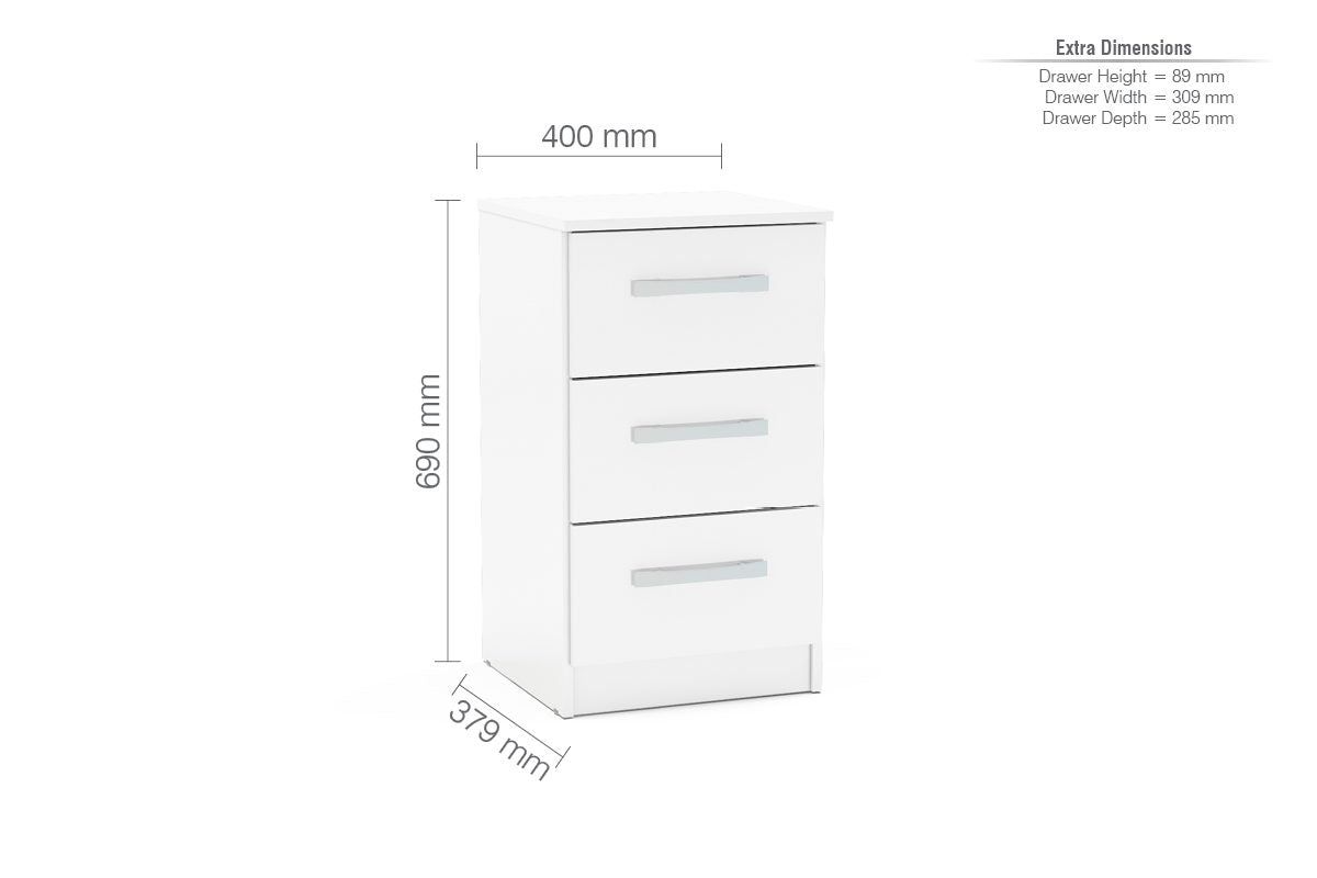 Lynx White 3 Drawer Bedside