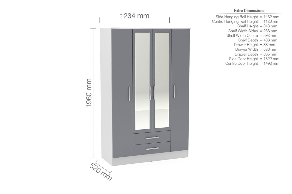 Lynx White & Grey 4 Door 2 Drawer Robe with Mirror