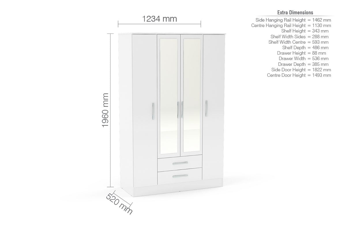 Lynx White 4 Door 2 Drawer Robe with Mirror