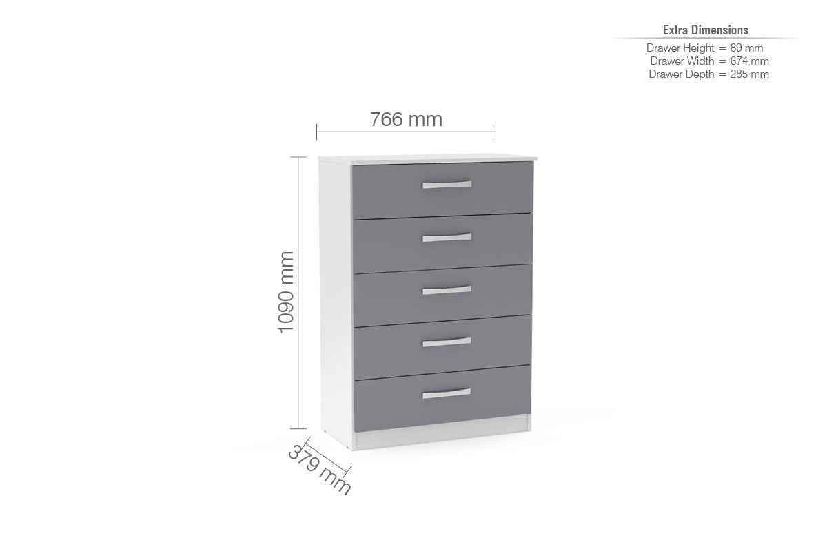 Lynx White & Grey 5 Drawer Chest