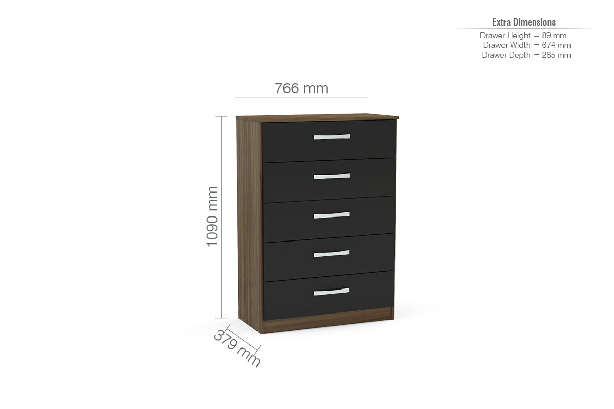 Lynx Walnut & Black 5 Drawer Chest