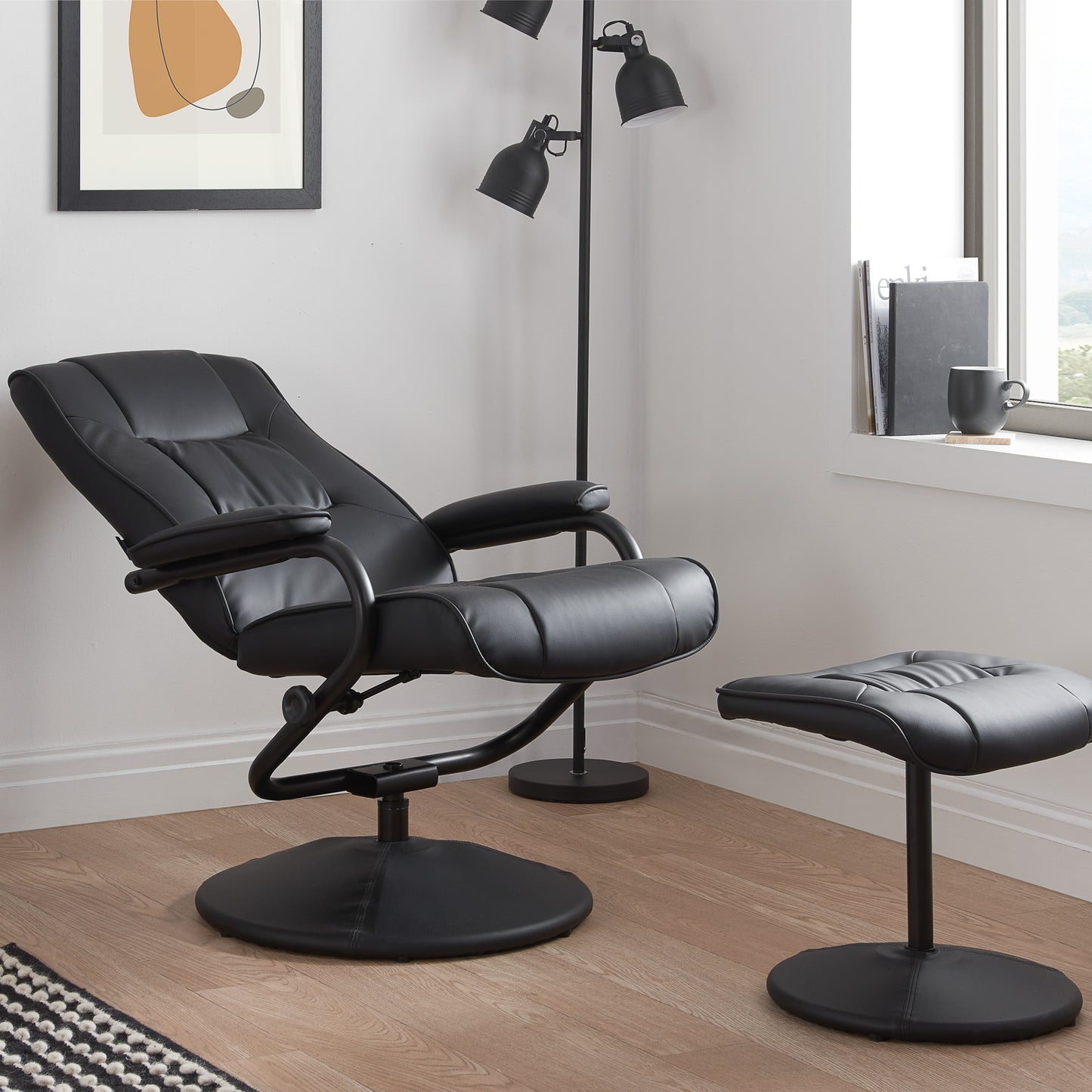 Marazion  Black Leather   Swivel Chair & Footstool