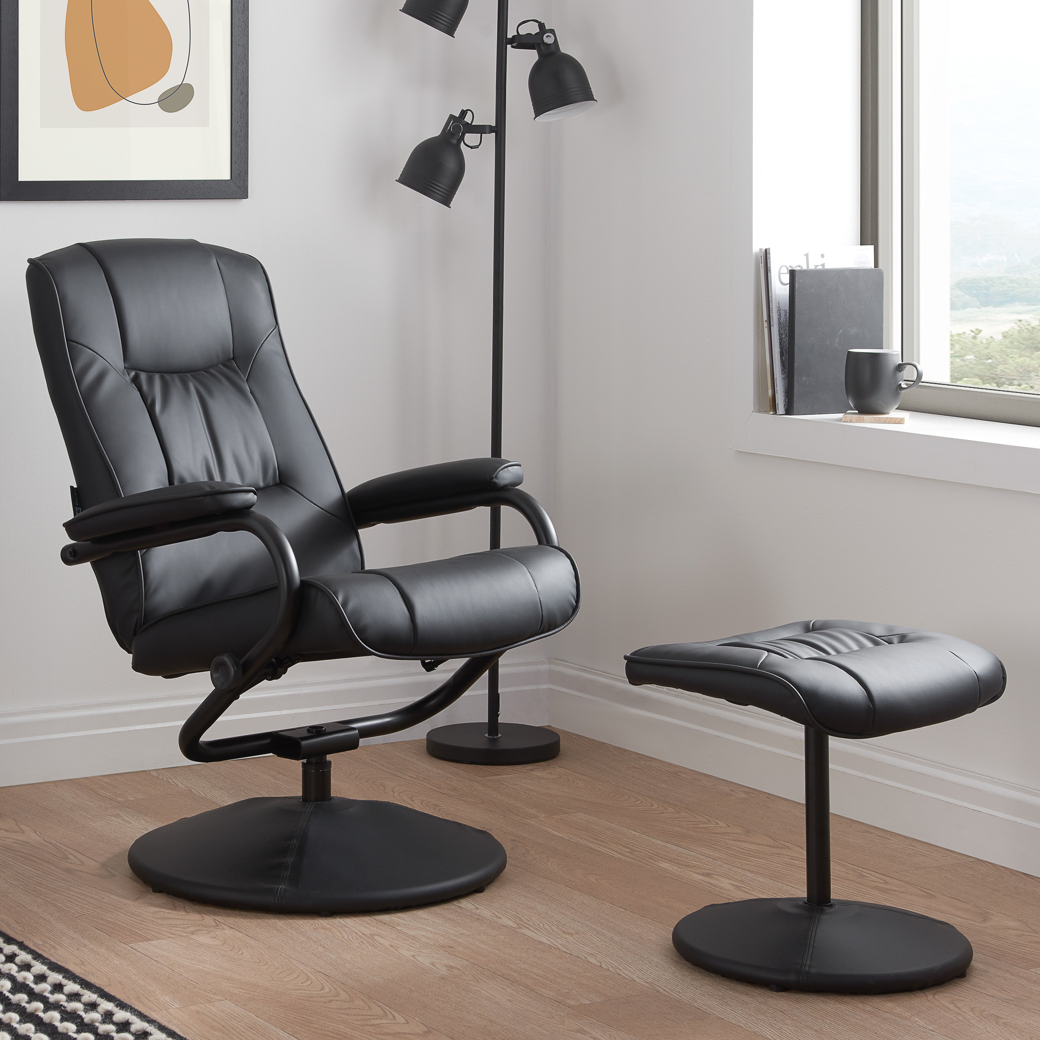 Marazion  Black Leather   Swivel Chair & Footstool