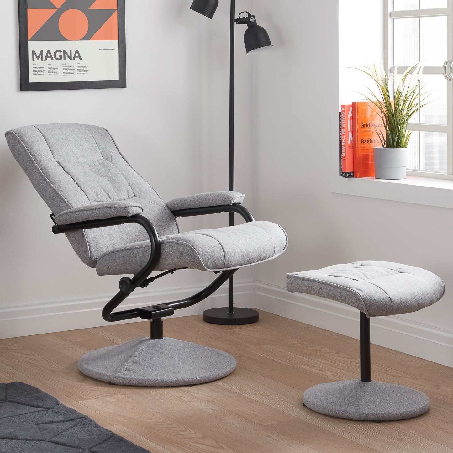 Marazion Grey Fabric Swivel Chair & Footstool