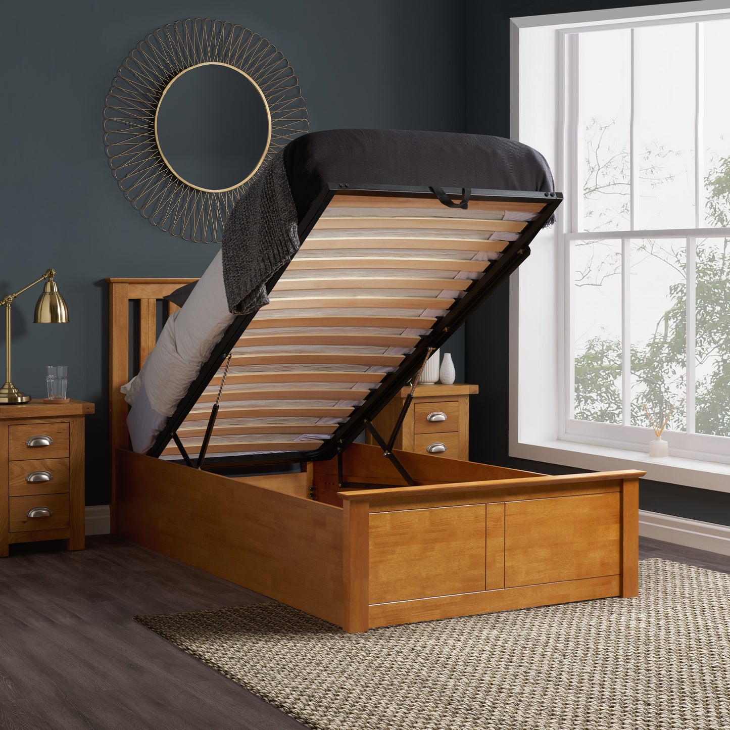 Pheonix Oak Ottoman Single Bed + Single Comfort Mattress