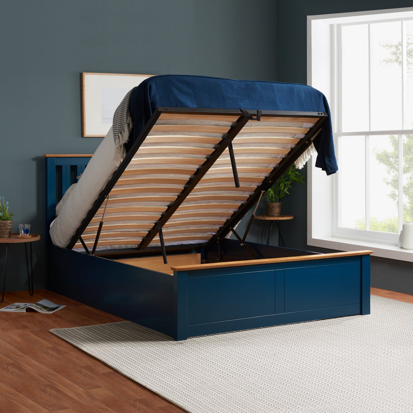Pheonix Navy Blue Ottoman King Bed