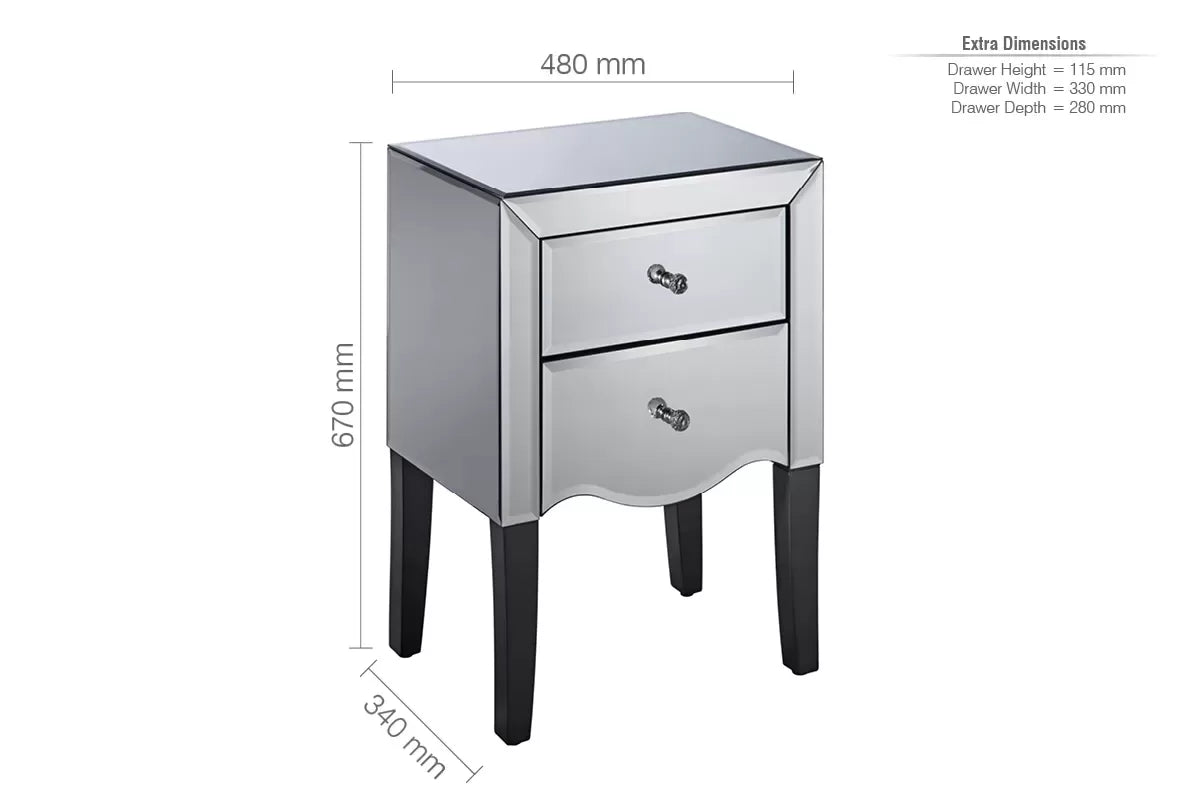 Palermo Mirrored 2 Drawer Bedside