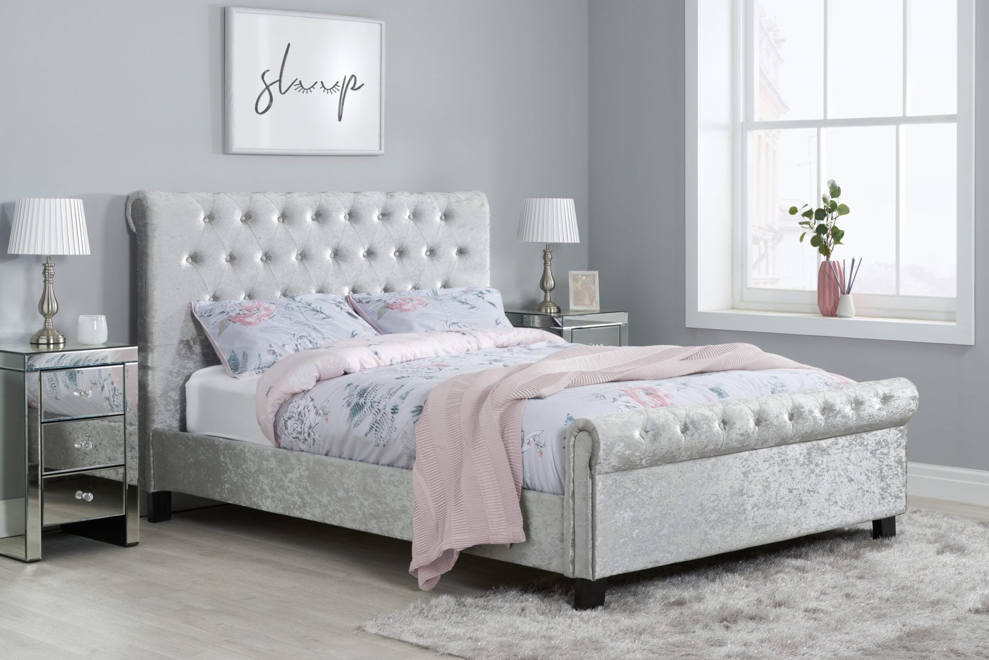 Zienna Steel Crush Vevlet  Fabric King Bed