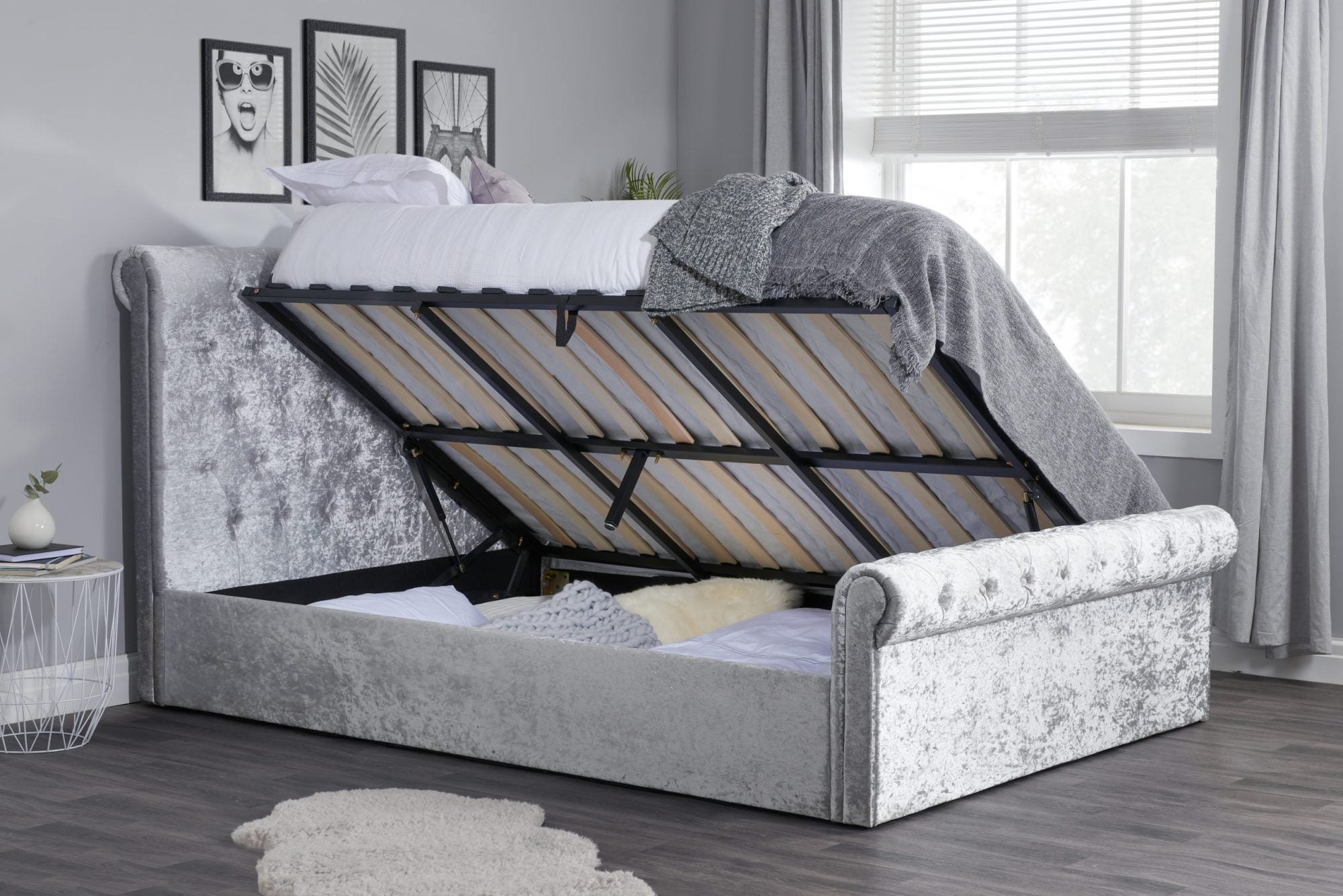 Zienna Side Ottoman Steel Crush Velvet  King Bed