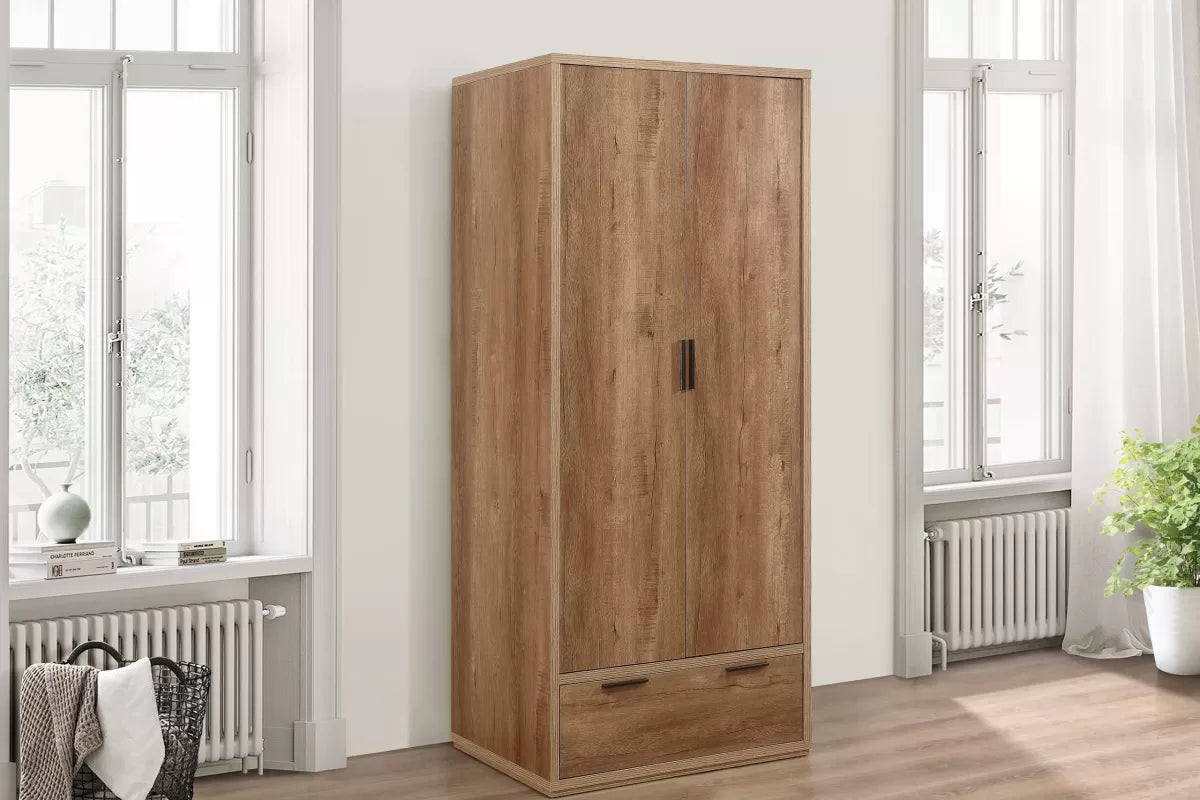 Stockwell Rustic Oak 2 Door 1 Drawer Wardrobe