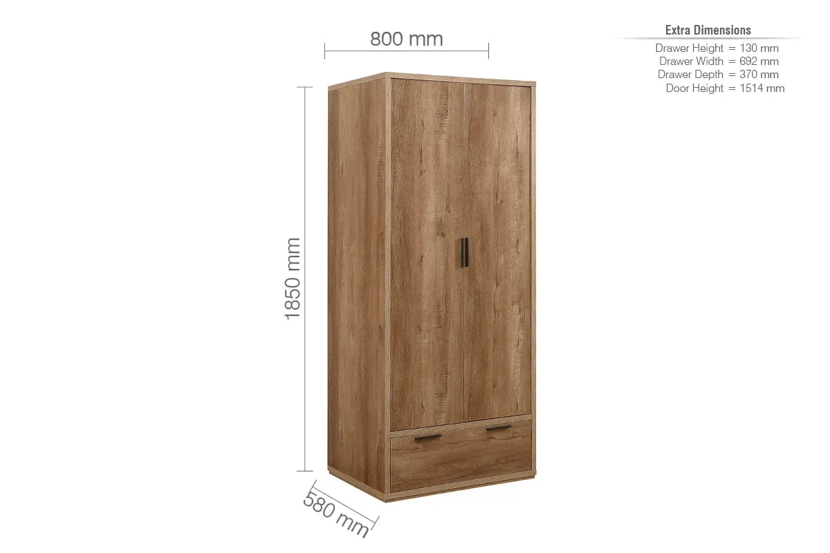 Stockwell Rustic Oak 2 Door 1 Drawer Wardrobe