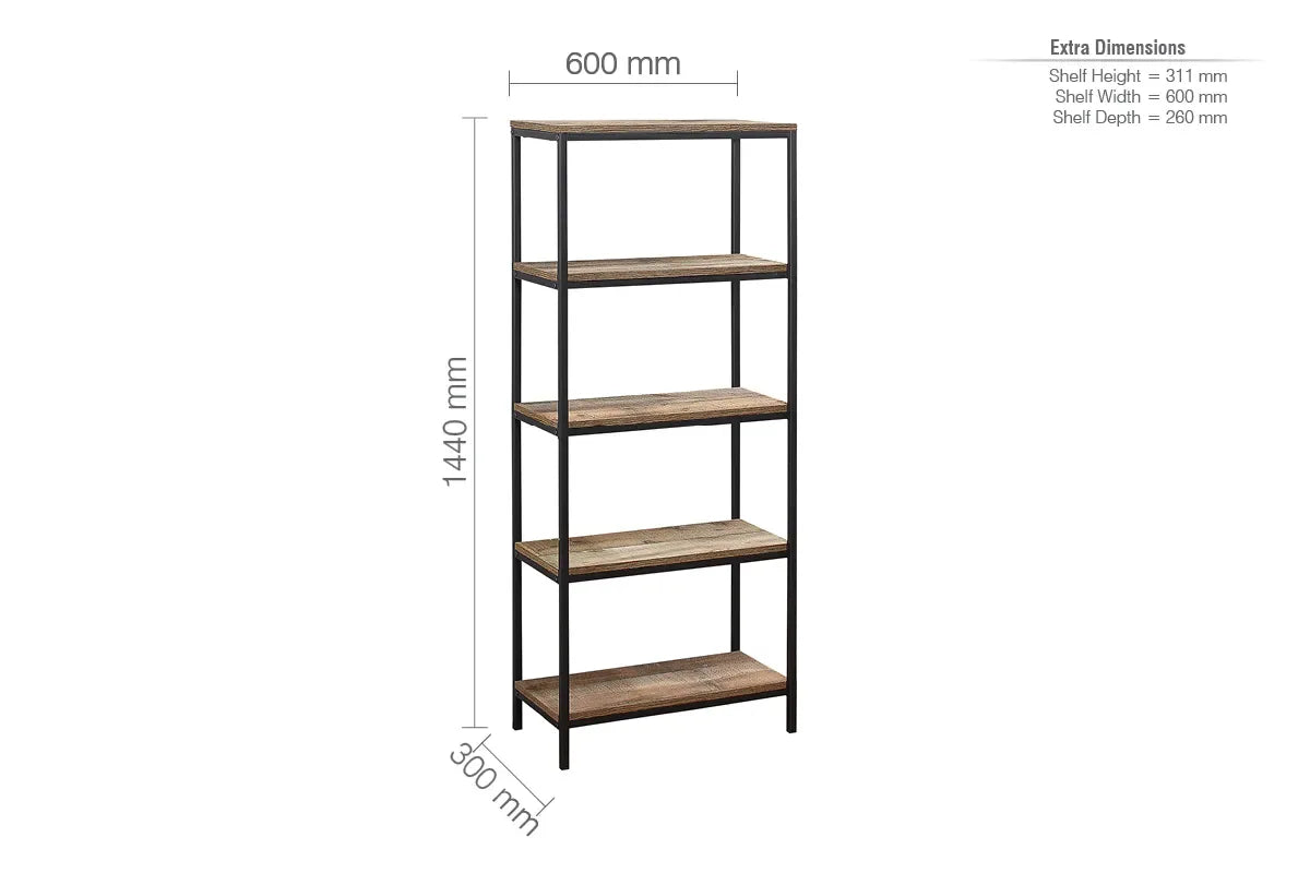 Urban Rustic 5 Tier Bookcase