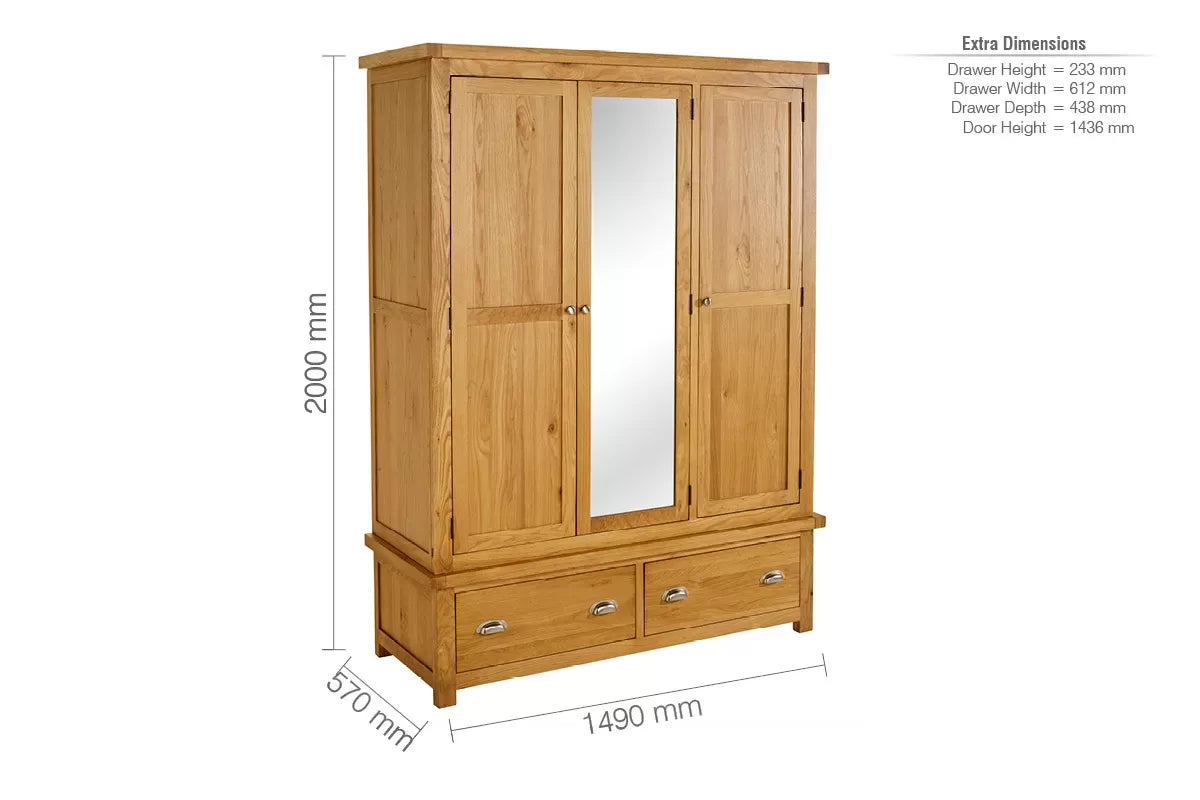 Woburn Oak 3 Door 2 Drawer Wardrobe