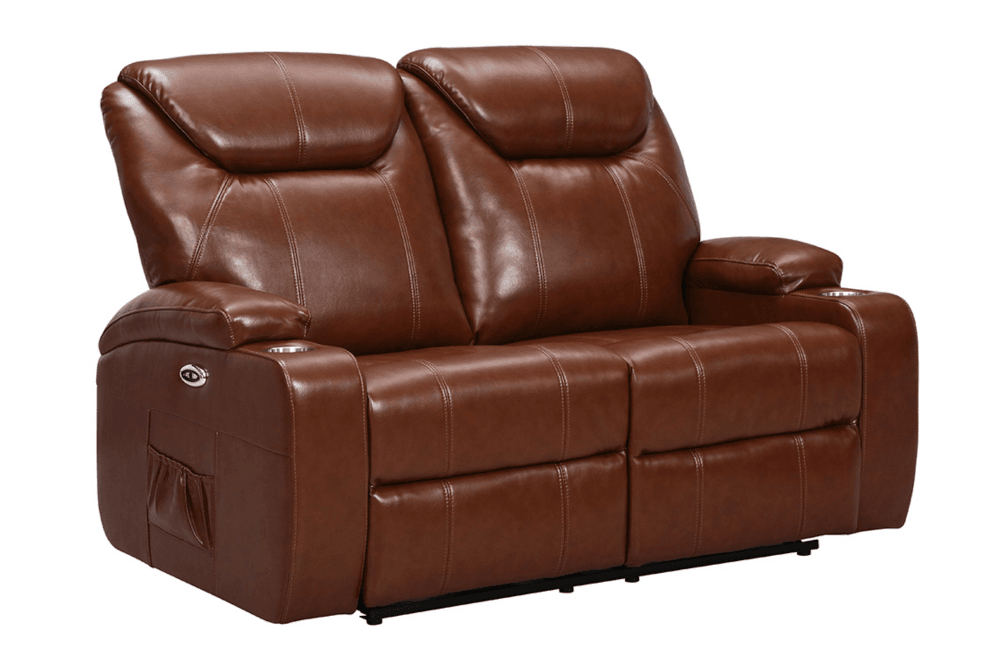 Cinema Tan Electric Leather 3+2 Seater Recliner Sofa Set With Two Cup Holders