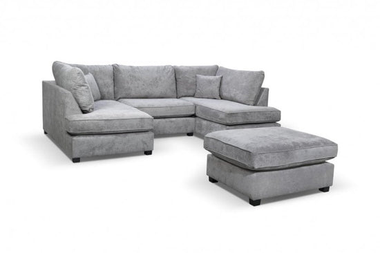 Carnaby Grey Fabric U Shape High Back Corner Sofa + Footstool