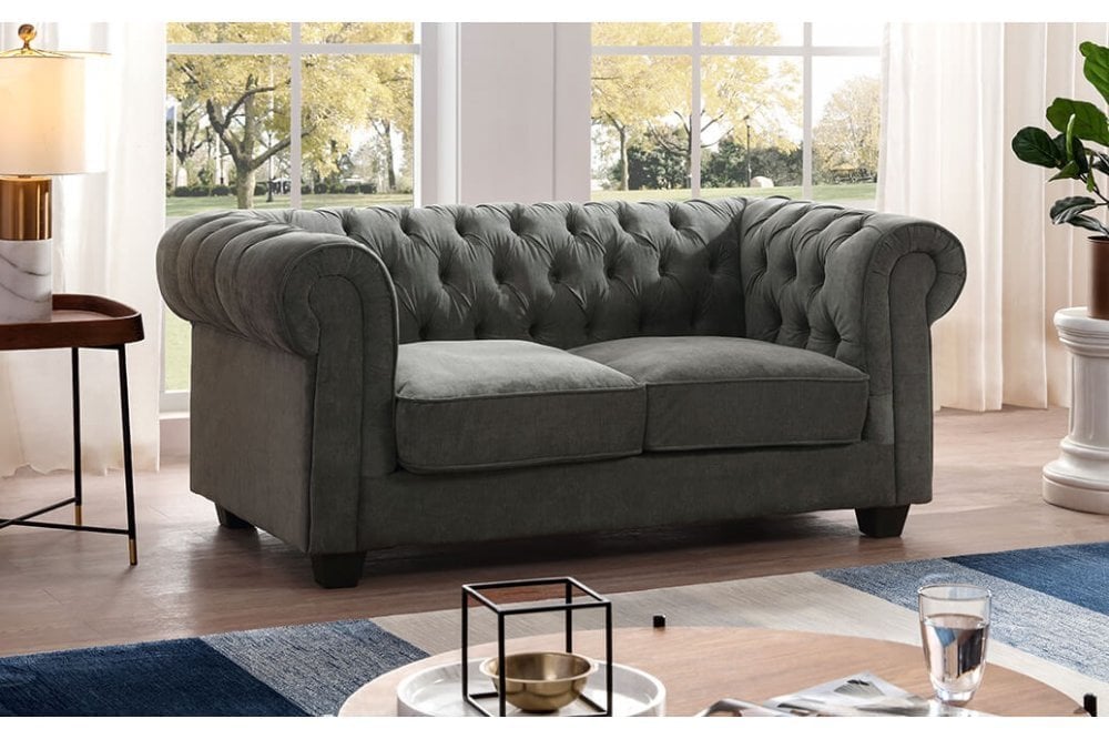 Chesterfield Grey Fabric 2 Seater Sofa