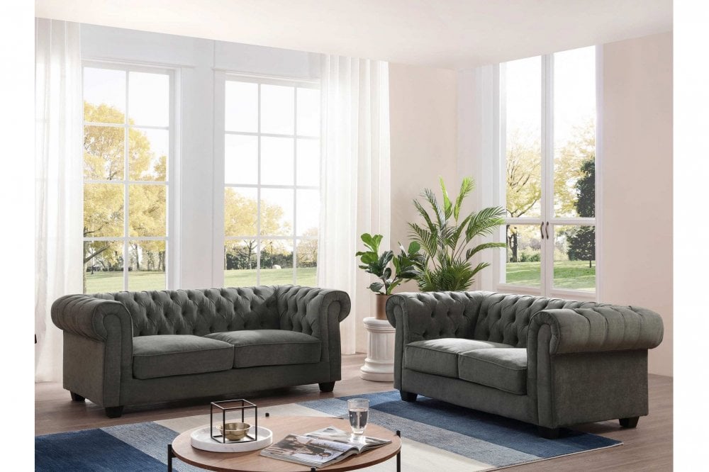 Chesterfield Grey Fabric 3+2 Seater Sofa Set