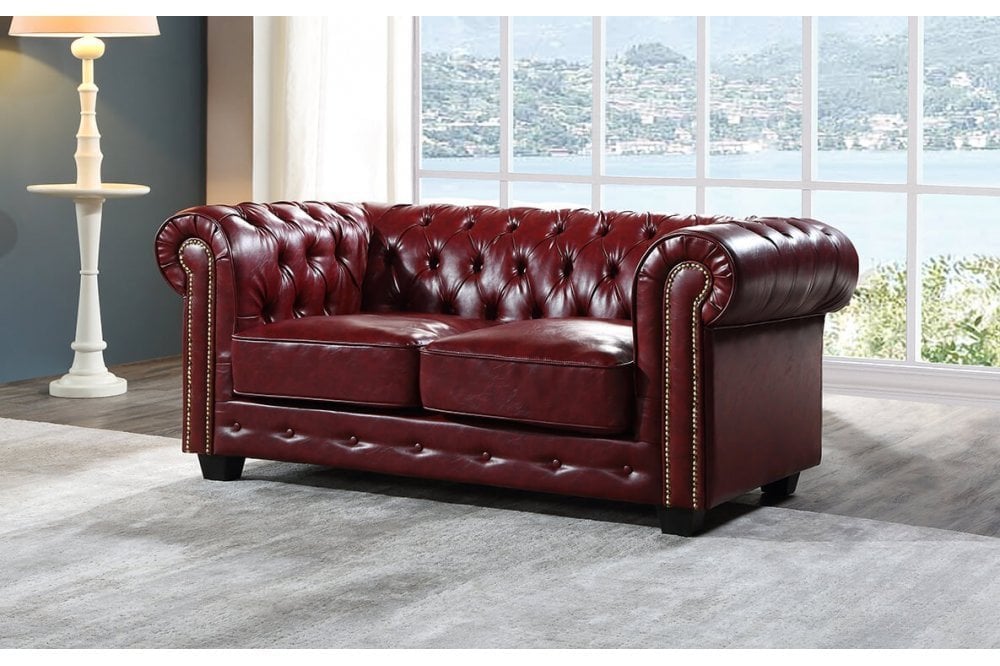 Chesterfield Red Leather Antique 2 Seater Sofa