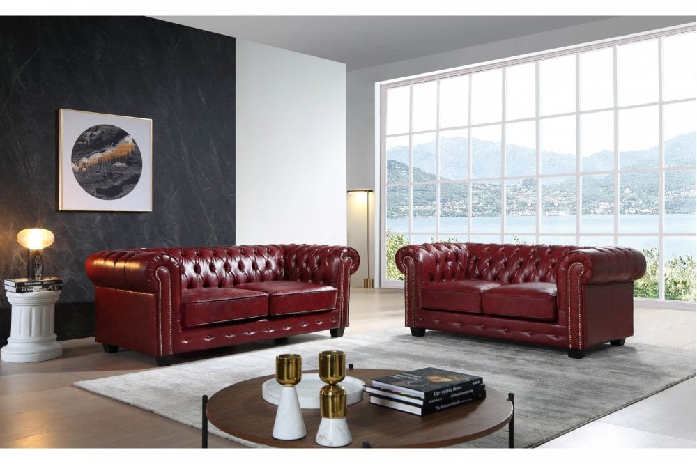 Chesterfield Red Leather Antique 3+2 Seater Sofa Set