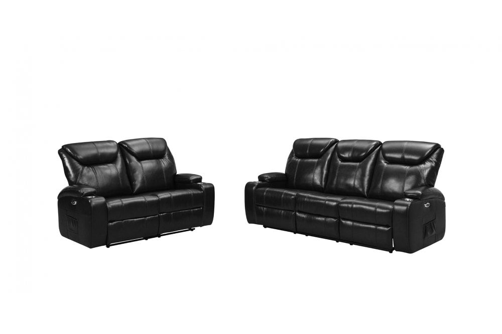 Cinema Black Electric Leather 3+2 Seater Recliner Sofa Set With Two Cup Holders