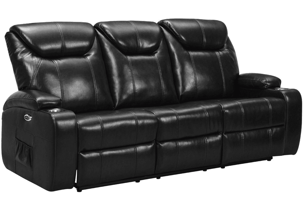 Cinema Black Electric Leather 3 Seater Recliner Sofa With Two Cup Holders