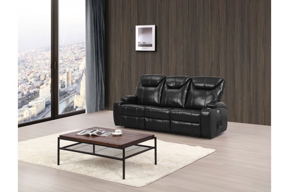 Cinema Black Electric Leather 3 Seater Recliner Sofa With Two Cup Holders