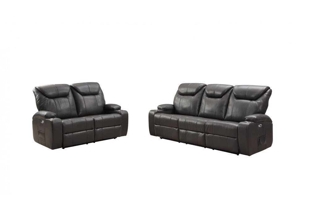 Cinema Grey Electric Leather 3+2 Recliner Sofa Set With Two Cup Holders