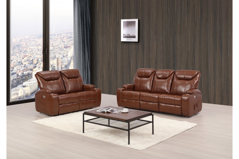 Cinema Tan Electric Leather 3+2 Seater Recliner Sofa Set With Two Cup Holders